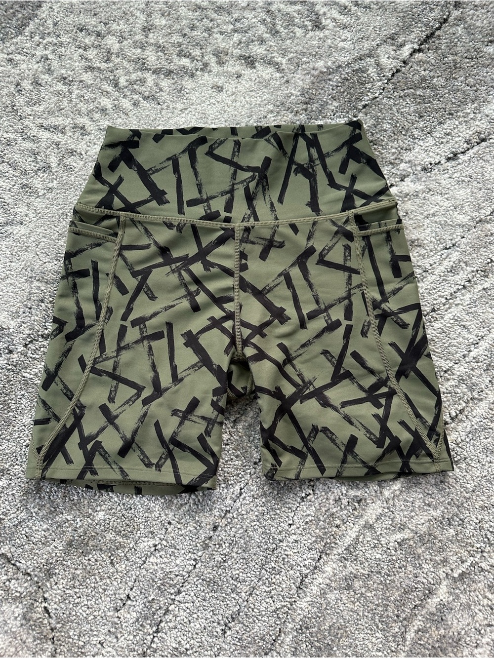 Women’s Olive Green Performance Shorts with Black Graphic Print